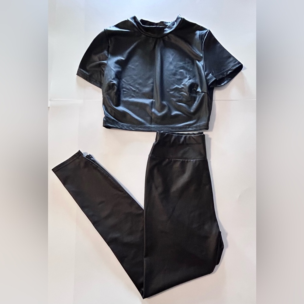 Faux Leather look 2 piece outfit, leggings and crop top size small